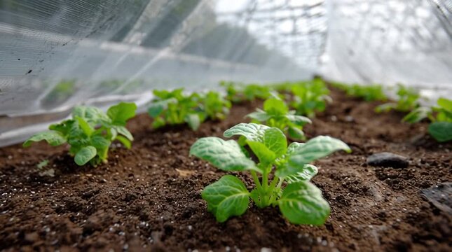 A close up of young potato plants growing in rows inside a greenhouse with a translucent roof cover