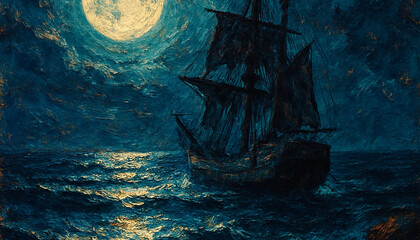 Shadow of the Past Sailing in moonlight, american realism, blotchy, acrylic painting, brilliant colors, dark nautical, plaster, dry brush painting, ultra realism