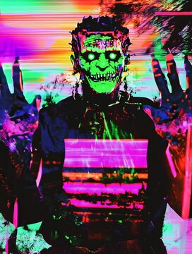 Frankenstein vaporwave glitch animation - a zombie halloween monster animation with a video game RGB glitch effect glitch core spooky projection