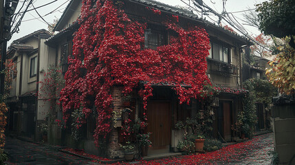 Red ivy covers old Japanese house in quiet neighborhood, creating vibrant contrast with traditional architecture and peaceful street atmosphere