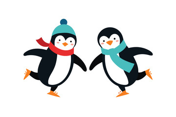 Fototapeta premium Two Penguins Ice Skating Together Cheerful Cartoon