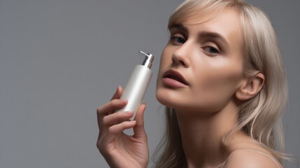 Obraz premium Woman holding skincare bottle, showcasing radiant skin and healthy beauty, product publicity.