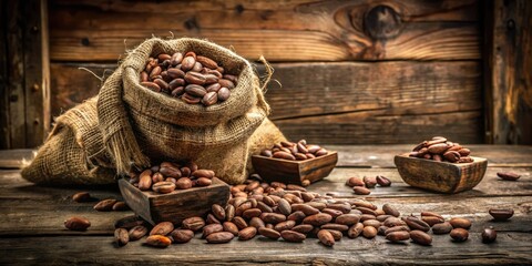 Rustic Still Life Featuring Roasted Coffee Beans in Burlap Sack and Wooden Bowls on Weathered Wood Surface