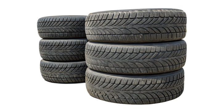 Stack of black rubber car tires with detailed tread patterns isolated on a transparent background automotive