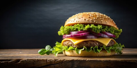 A delectable cheeseburger, featuring a juicy patty, melted cheese, crisp lettuce, and vibrant red onion slices, rests invitingly on a rustic wooden surface against a dark backdrop.