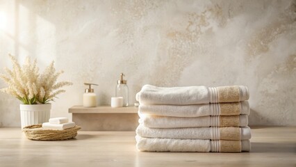 Soft, fluffy towels neatly stacked on a light wood surface, next to a vessel of dried flowers and bath amenities, creating a serene and relaxing spa-like atmosphere.