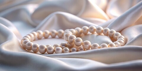 Elegant Pearl Necklace on Smooth Silk Fabric, a Symbol of Luxury and Refined Style