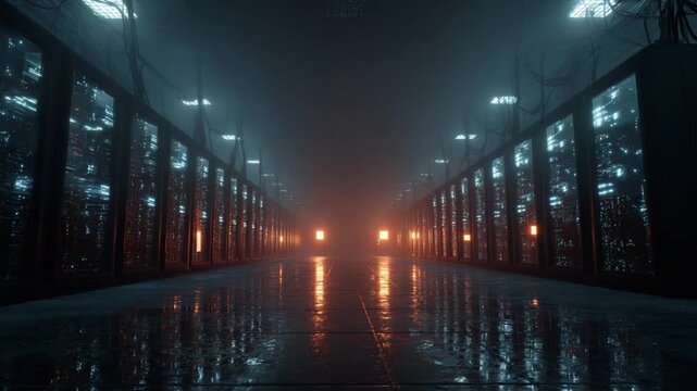 Futuristic server room with rows of computers and glowing lights showcasing data processing and