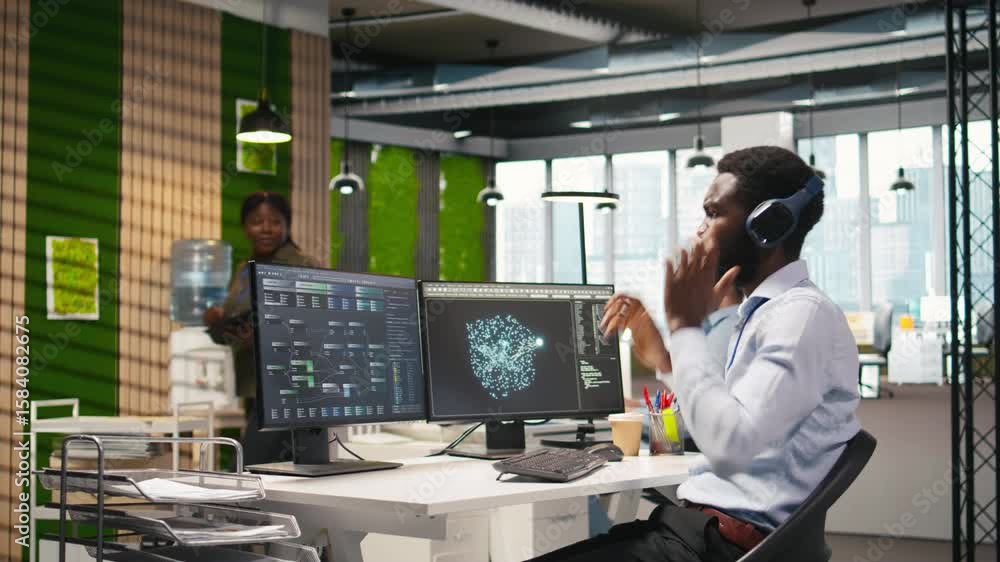 Poster software developer testing generative ai machine learning algorithms and listening music at work. af