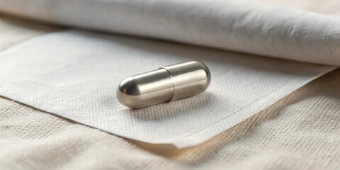 A metallic capsule rests on a soft, textured fabric surface, subtly suggesting a sense of calm and contemplation.