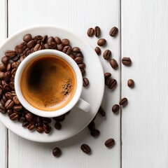 Fototapeta premium Espresso Cup with Coffee Beans on White Wood