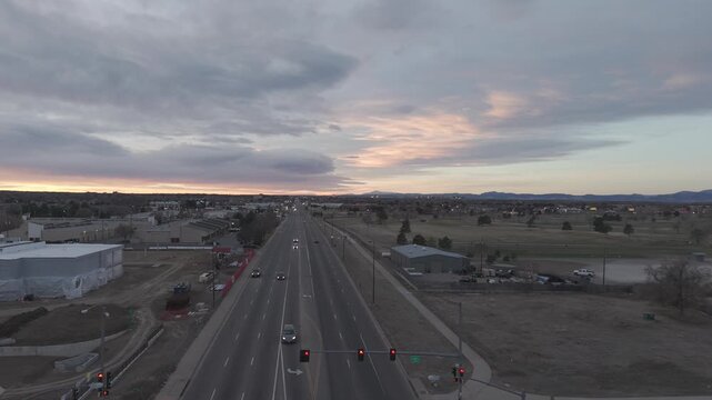 Cloudy Sunset Over Construction Zone Small Town Traffic