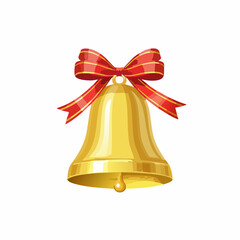 Golden Christmas bell with red bow on white background. Shiny festive decoration perfect for holiday, celebration, or seasonal vector design use.