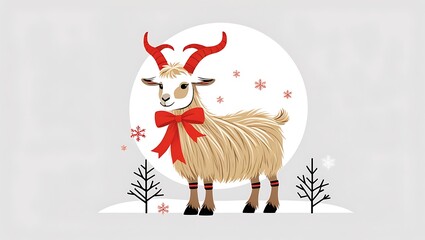 Festive goat adorned with red bow and antlers celebrates winter holidays, a charming animal illustration for seasonal greetings.