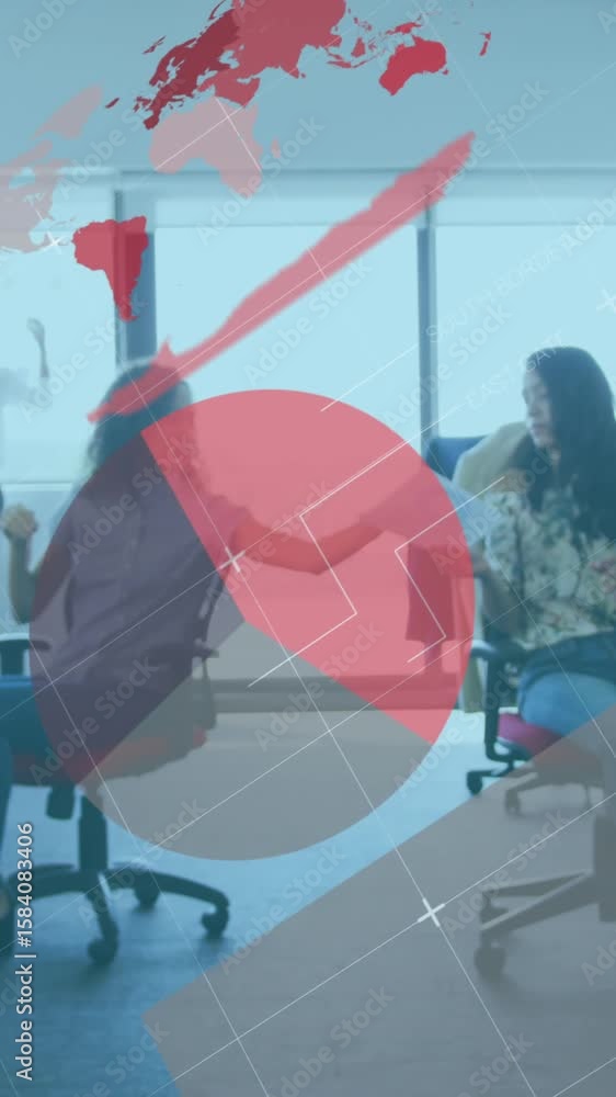 Poster animation of statistical data processing over diverse woman passing a document to woman at office