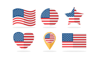 US Flag Vector - Flat Icon Set with 6 Shapes (Rectangle, Circle, Waving, Map Pin, Heart, Star)