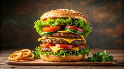 A Delicious Double-Decker Burger with Fresh Tomatoes, Cucumbers, Lettuce, and Melted Cheese on a Sesame Seed Bun, Served with Crispy Onion Rings on a Wooden Board