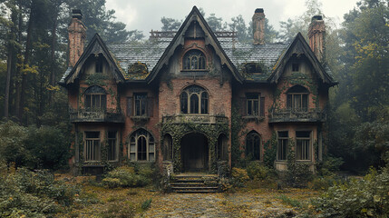 Obraz premium Abandoned old brick house with gothic windows and overgrown ivy surrounded by dense forest, creating mysterious and eerie atmosphere in misty environment
