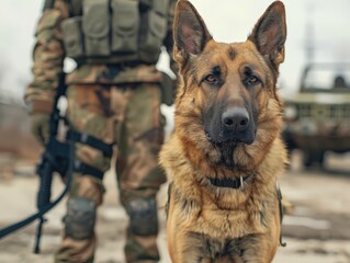 An alert and happy German Shepherd in a tactical vest sits ready for duty in a sunny field, with its uniformed handler standing guard in the background, showcasing a powerful K9 team