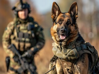 Fototapeta premium An alert and happy German Shepherd in a tactical vest sits ready for duty in a sunny field, with its uniformed handler standing guard in the background, showcasing a powerful K9 team
