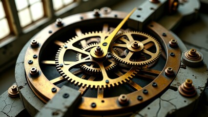 Obraz premium Steampunk clockwork gears mechanism inside abandoned observatory