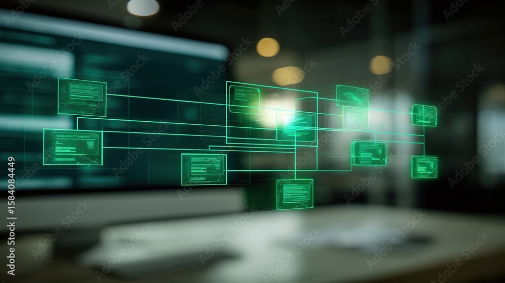 Aufkleber network of digital data connections overlaid on a computer screen.