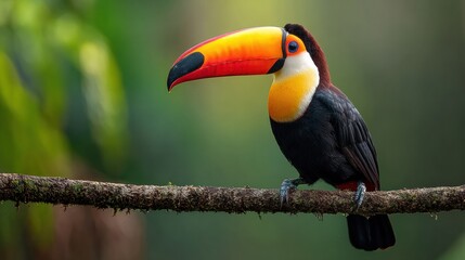 Naklejka premium Toco Toucan Perched on Branch Showcasing Vibrant Beak Against a Blurred Natural Background