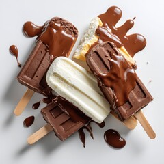Obraz premium Four Popsicles with Chocolate Drizzle on White Surface