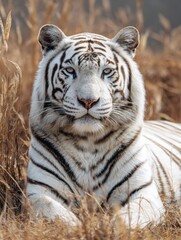 Fototapeta premium White Tiger Resting Peacefully in Tall Grass Under a Clear Sky in the Early Morning Light