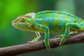 Fototapeta premium A beautiful chameleon perched on a branch in a tropical forest, its green skin adorned with stunning patterns