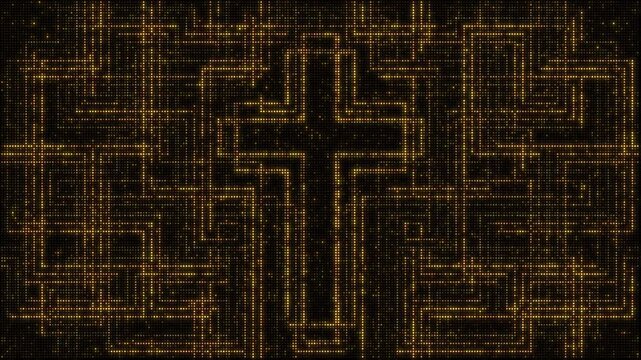 Golden lights backdrop set, abstract lines in the shape of a cross, 8 -second seamless loop video animation, flashing light bulb, wall of lights motion graphics.