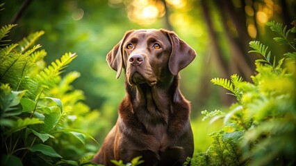 A chocolate Labrador Retriever amidst lush green foliage, bathed in the warm glow of sunlight, gazes intently upward, a tranquil scene of nature and canine companionship.