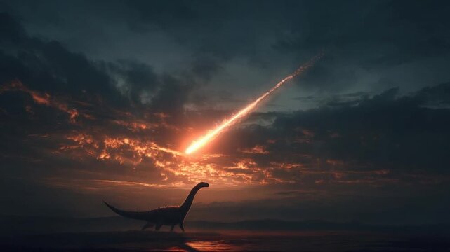 Dinosaur extinction event with a meteor impact at dawn during the age of dinosaurs, dramatic scene