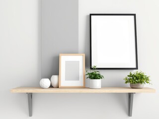Obraz premium Shelf with picture frames vases and plants against a white and gray wall in a minimalist style room