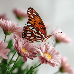 Fototapeta premium Gulf Fritillary Butterfly on Pink Chrysanthemum Flowers