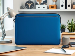 A blue laptop sleeve on a wooden desk with a lamp, notebook, and other office accessories nearby
