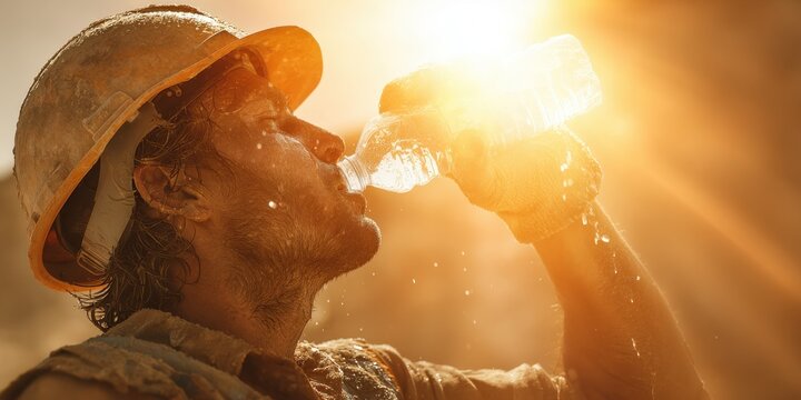 Construction Worker Cooling Off in Extreme Heat with Water Bottle. Labor Day Concept