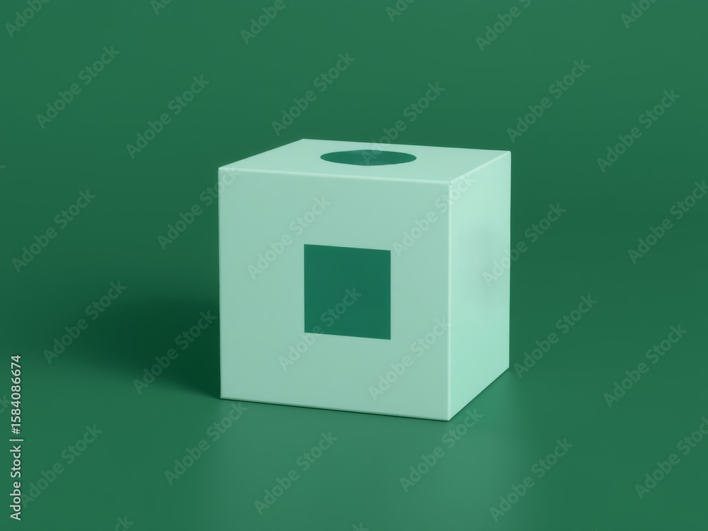 Fototapete a white cube with a green square and circle on a green surface and background in a studio setting
