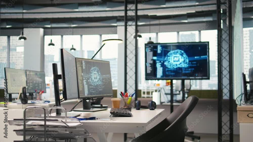 Fototapete Empty startup office with artificial intelligence neural networks program running on PC displays used by programmers. AI company workspace computers leveraging deep learning technology