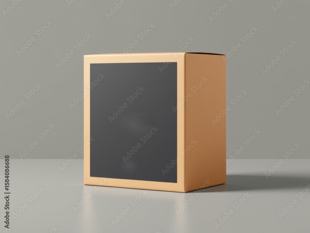Poster a single tan colored cardboard box with a dark gray rectangle on the front on a gray surface