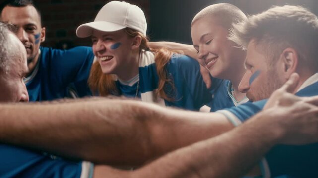 Group of cheerful football fans wearing blue t-shirts sitting around table in embrace and performing hymn of their favorite team and shouting while celebrating victory