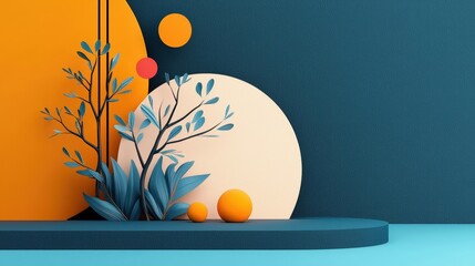 Abstract Composition with Geometric Shapes and Nature Elements in Bright Colors