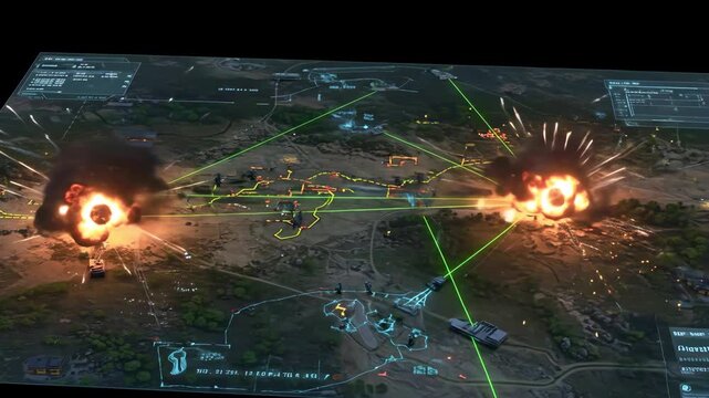Dynamic battlefield simulation showcasing explosions and tactical maneuvers in a virtual environment