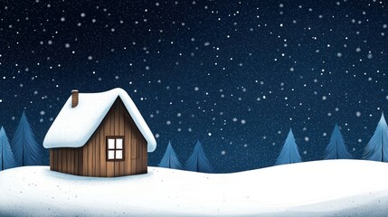 Cozy Wooden Cottage Under Falling Snow Against Night Sky with Evergreen Trees