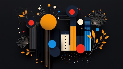 Abstract Geometric Composition with Shapes, Colors, and Flower Elements on Dark Background