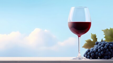 Elegant Wine Glass with Red Wine and Fresh Grapes Against a Serene Sky Background