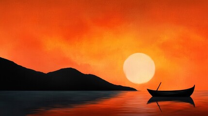 Serene Sunset Over Still Water with Silhouette of a Lonely Boat and Mountains