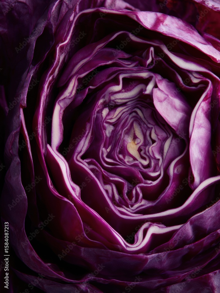 Poster sliced red cabbage arranged in a natural mandala pattern showcasing vibrant colors and intricate tex