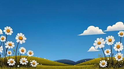 Bright Sunny Day with Daisies in a Vibrant Green Landscape and Clear Blue Sky