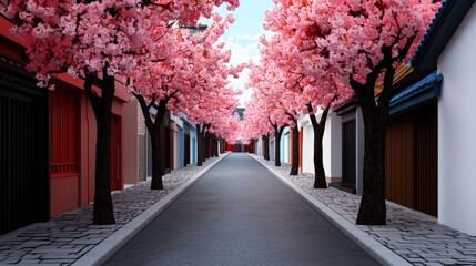 Serene Cherry Blossom Street with Vibrant Pink Trees and Traditional Architecture